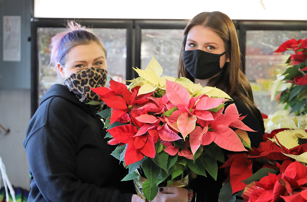 Jessica Scott (l.) and Gianna Tocco selling Christmas plants at Stonehenge Market.